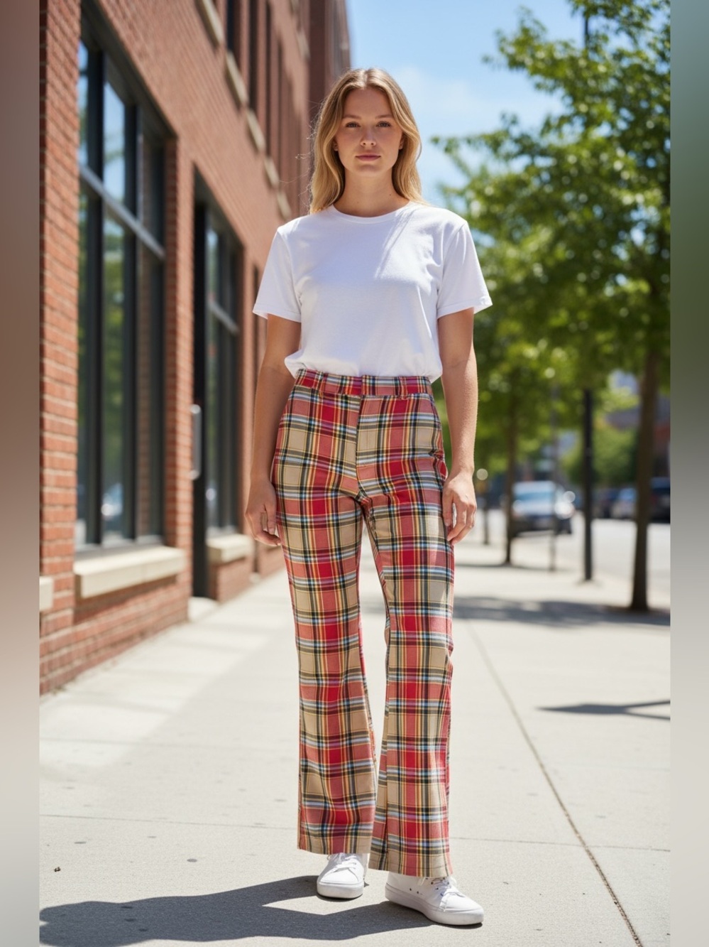 Free People Jules Red Multi Plaid High-Waisted Wide-Leg Pants - Picture 2 of 13